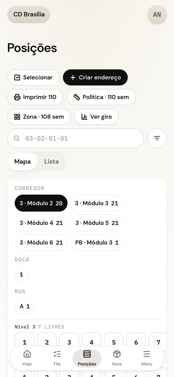 Tela do Kernos: o mapa de posições por corredor e módulo